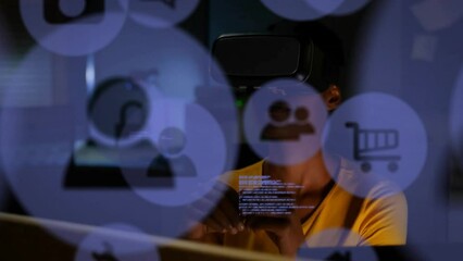 Poster - Animation of computer language and application icons, african american woman using vr headset