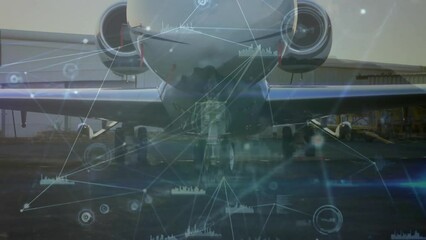 Poster - Animation of connected dots and graph over close up of parked airplane in airport