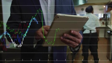 Poster - Animation of multiple graphs with changing numbers, diverse people using digital tablet