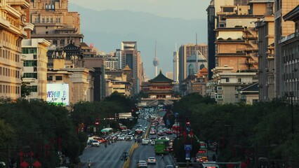 Wall Mural - Time lapse view of busy street with traffic and Bell Tower in Xian city