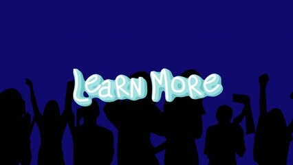 Poster - Animation of learn more text between lines over shadow of people against blue background