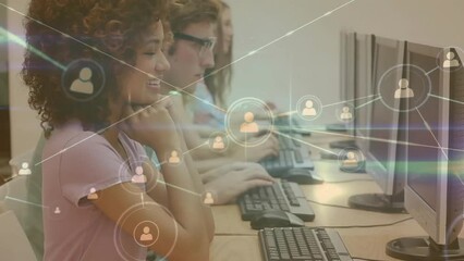 Poster - Animation of connected dots over diverse young students using computer in university