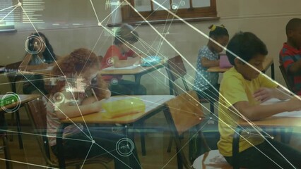 Poster - Animation of connected dots with graph icons over diverse students writing exam in classroom