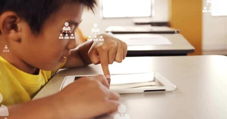 Poster - Animation of profile icons flowcharts over asian man using digital tablet in classroom at school