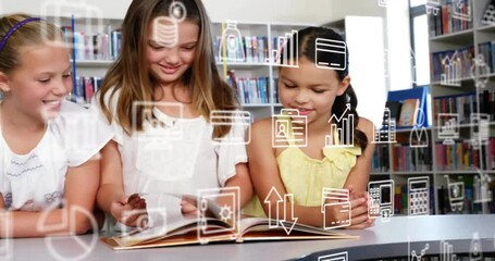 Poster - Animation of multiple icons over diverse female girl reading book with friends in library at school