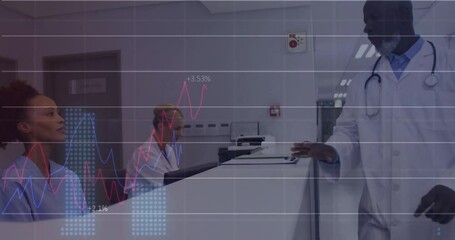 Sticker - Animation of graphs and changing numbers, diverse nurse handing patient file to male doctor