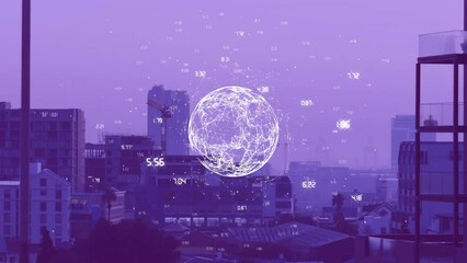 Poster - Animation of numbers around globe over modern city against sky