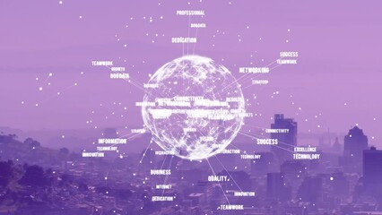 Poster - Animation of texts around globe over aerial view of fog covered modern city against sky
