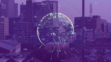 Poster - Animation of numbers around globe over modern buildings against clear sky