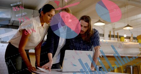 Poster - Animation of infographic interface over diverse coworkers discussing reports on laptop
