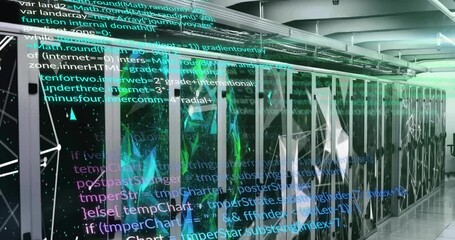 Poster - Animation of computer language, connected dots, globe over data server systems in server room