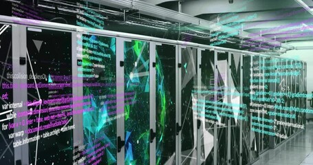 Poster - Animation of computer language over globe and connected dots on data server systems