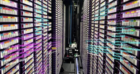 Poster - Animation of multicolored computer language over large data server room
