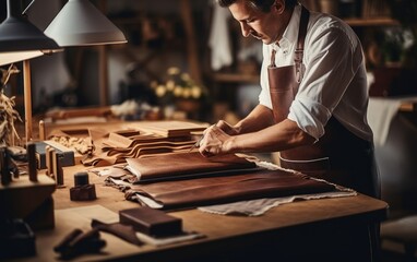 Wall Mural - Tailor leather craftsman working with natural leather