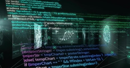 Poster - Animation of computer language and connected dots, multiple medical interface over black background