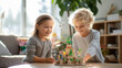 Two children concentrating on building a detailed fairy tale castle from a board game, engaged and creative in their play.