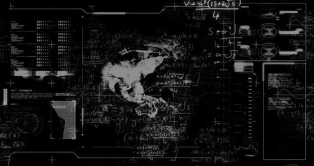 Poster - Animation of loading bars and globe with mathematical equation on black background