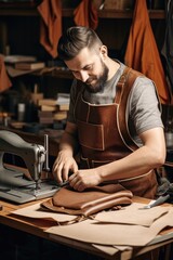 Wall Mural - Tailor leather craftsman working with natural leather