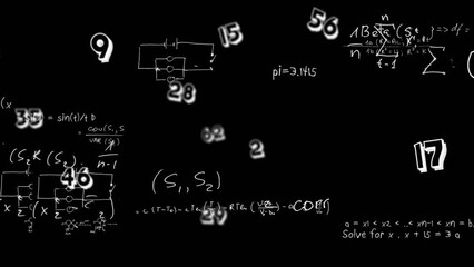 Poster - Animation of floating numbers, symbols and mathematical equations and diagrams over black background