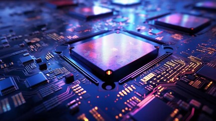 Computer processor in neon colors, modern technology and computing power in business
