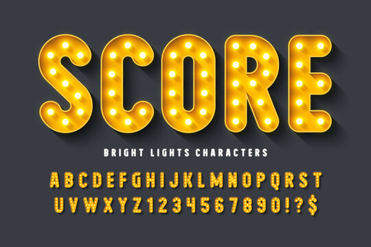 111Retro cinema alphabet design, cabaret, warm lamps letters and numbers.