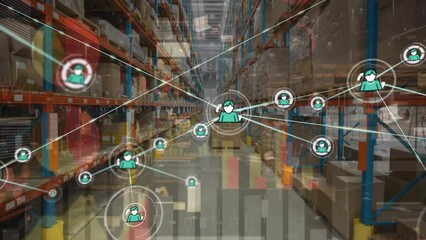 Poster - Animation of network of connections with icons over warehouse