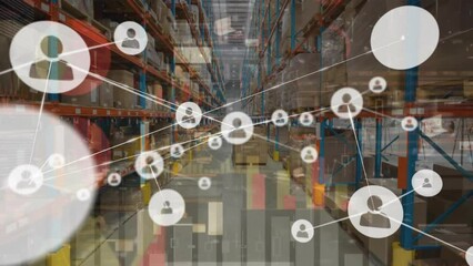 Poster - Animation of network of connections with icons over warehouse