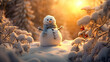 Snowman and his snowy kingdom in the winter sun