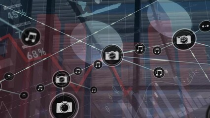 Wall Mural - Animation of network of connections with icons over businesspeople walking in office