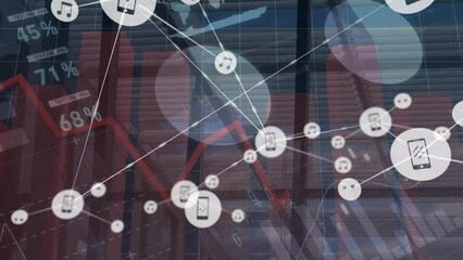 Poster - Animation of network of connections with icons over businesspeople walking in office