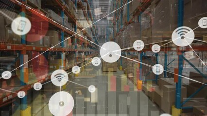 Poster - Animation of network of connections with icons over warehouse