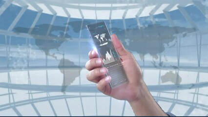 Poster - Animation of digital icons and data processing over caucasian woman using smartphone