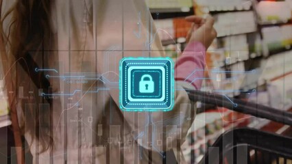 Poster - Animation of digital padlock over data processing and woman with shopping trolley