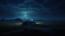 Car In The Field At Night With Moonlight.