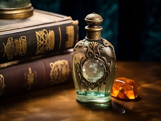 Poster - Generative AI : an antique perfume bottle with a faded label