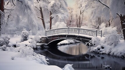 Poster - Generative AI : A footbridge over a frozen stream among snow-covered fir trees in the park