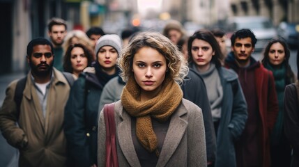 Wall Mural - Group of people standing in the street with focus on woman looking at camera. AI generated.