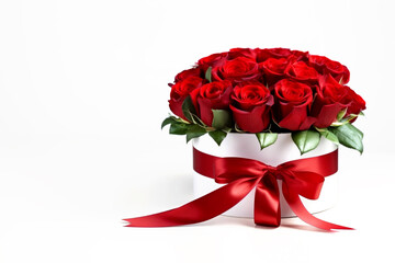 Wall Mural - Bouquet of red roses in gift box with ribbon bow decoration. Valentines day, Birthday, Mothers day flowers