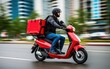 © piai - Food delivery man courier using on a scooter with a cube-shaped delivery bag moving fast to deliver address in the city