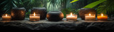Aroma candles on stones and pots composition set in jungle, luxury design for spa hotel, beauty wellness, Thai salon. Mystical candles. Forest background. Exotic massage oils treatment banner, border
