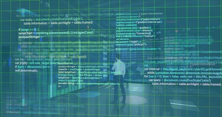 Poster - Animation of rear view of businessman looking at screens with statistical data processing