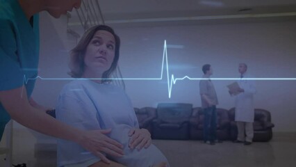 Sticker - Animation of heart rate over diverse female healthworker wheeling a pregnant woman on wheelchair