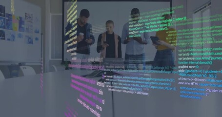 Poster - Animation of data processing against team of diverse colleagues using electronic devices at office