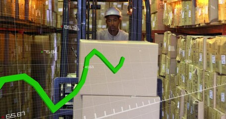 Poster - Animation of statistical data processing over biracial male worker operating forklift at warehouse