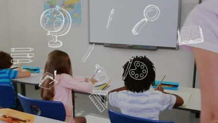 Wall Mural - Animation of school icons over diverse schoolchildren in classroom