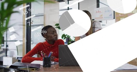 Poster - Animation of data processing and diagrams over diverse business people talking in office