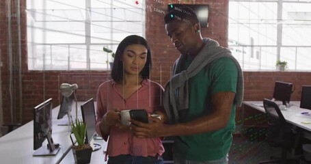 Poster - Animation of data processing and diagrams over diverse business people talking in office