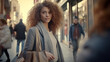 diverse people on busy city street, young woman with curly hair holds shopping bag, in good mood, adding vibrancy to urban environment.