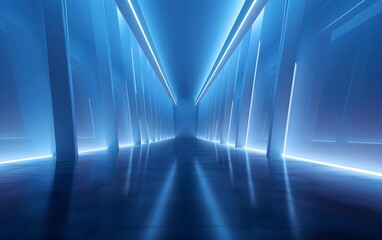 Wall Mural - Futuristic blue neon-lit corridor with a vanishing point perspective, creating an abstract high-tech background.