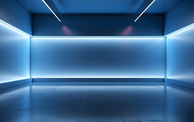 Wall Mural - Modern empty room with blue neon lights and futuristic design.